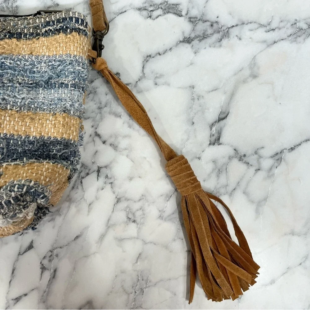 Made in India woven rag rug convertible crossbody bag clutch leather accents